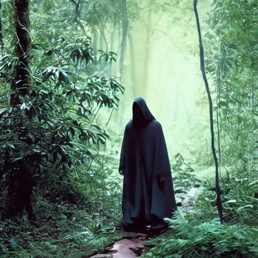 Prompt: a man wearing a long cloak and hood, walking through a lush jungle, film still, arriflex 3 5 extremely high detail