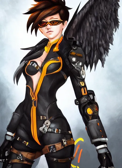 Image similar to full body artwork of tracer overwatch wearing leather collar, angel wings, dramatic painting, symmetrical composition, wearing detailed leather collar, black shiny armor, chains, black harness, detailed face and eyes,