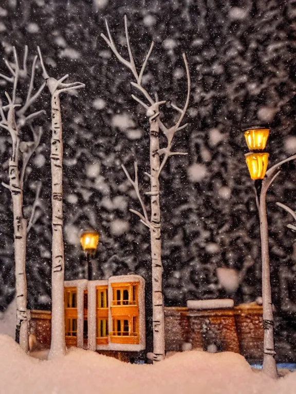 Prompt: mega detailed miniature diorama a soviet residential building, brutalism architecture, warm lights are on in the windows, man lies in the snow, dark night, fog, winter, blizzard, cozy and peaceful atmosphere, row of street lamps with warm orange light, several birches nearby