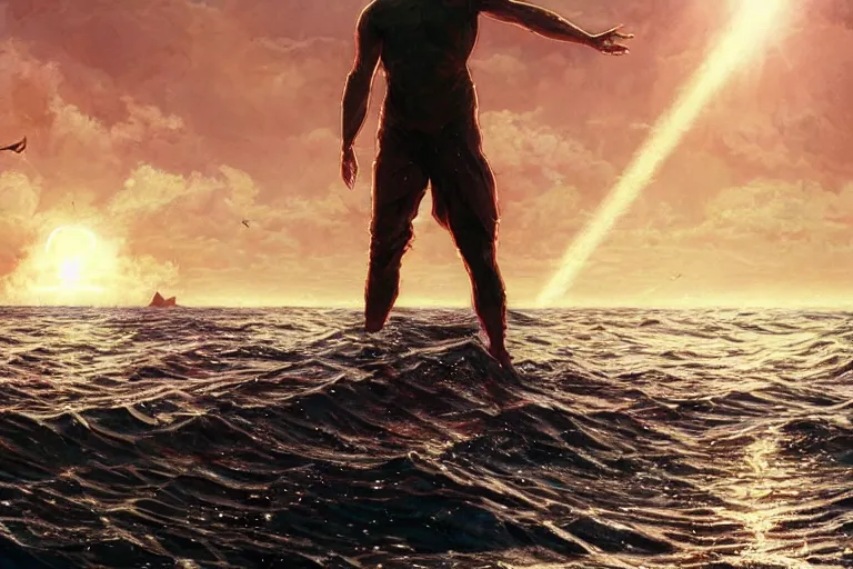 Image similar to detailed intricate digital illustration by greg rutkowski and artgerm and wlop and sanford robinson gifford ; nuclear bomb radiating bright, blinding lens flare across the horizon of a serene ocean, beautiful, glistening water and waves ; 1 3 mm film, arri alfa anamorphic lens, golden hour lighting ; sharp focus ; trending on artstation 8 k