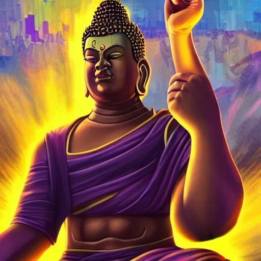 Image similar to Gautama Buddha as Thanos, gta 5 cover style, highly detailed, digital painting, Trending on artstation , HD quality, by Glenn Rane and Samwise Didier, dramatic light, octane