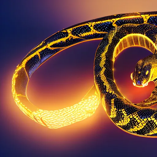 Image similar to black snake with glowing golden scales, intricate lines, clear focus, vivid colors, final fantasy, unreal engine highly rendered, global illumination, radiant light, intricate environment