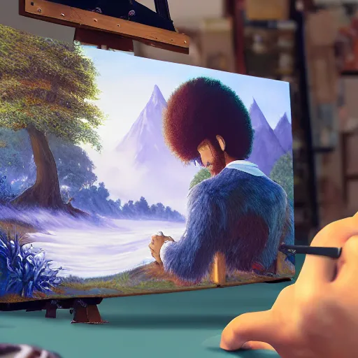 Image similar to a closeup photorealistic photograph of bob ross working on a canvas painting sonic the hedgehog. film still. brightly lit scene. mountain scape. this 4 k hd image is trending on artstation, featured on behance, well - rendered, extra crisp, features intricate detail, epic composition and the style of unreal engine.