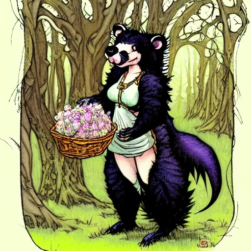 Prompt: A cute plush-furred skunk-girl Herbalist collecting flowers in the forest. Absurdly-detailed fantasy character illustration by Rebecca Guay and Wayne Reynolds