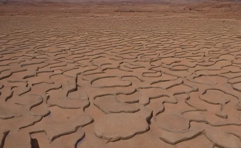 Prompt: high quality 2000s historic footage of a labyrinth in the desert with giant marble walls, color aerial photo drone, Cinestill 800t, heavy grainy picture, very detailed, high quality, 4k panoramic