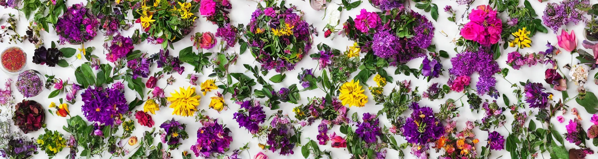 Image similar to a knolling of beautiful alien flowers of all different kinds and varieties, overhead view, flatlay