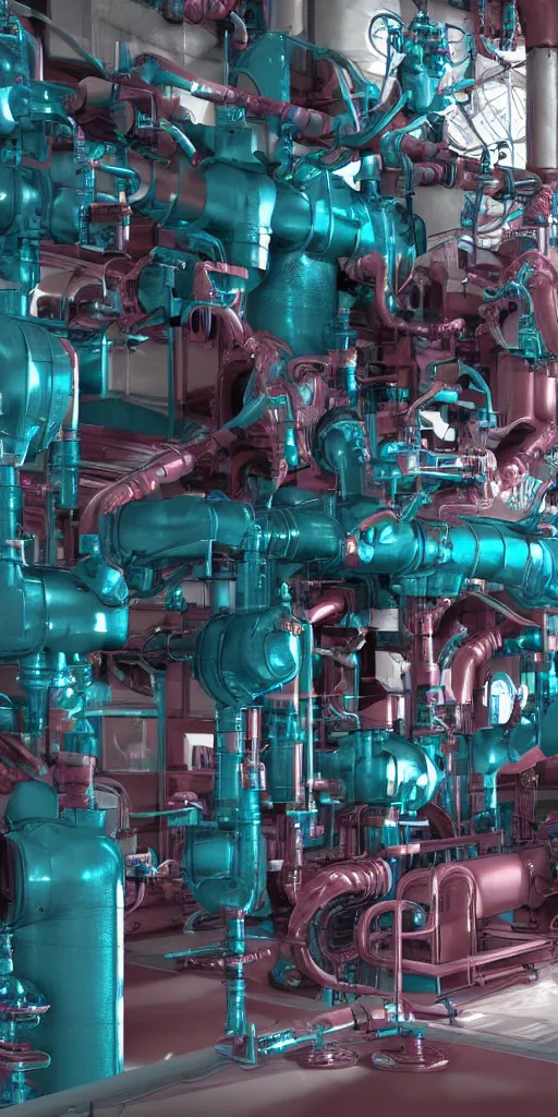 Prompt: an industrial Machine that turnes water into wine, highly detailed complex machinery, electrical engineering, mechanical engineering, machines, intrinsic details. photorealistic illustration. octane render 4k. dark teal and magenta