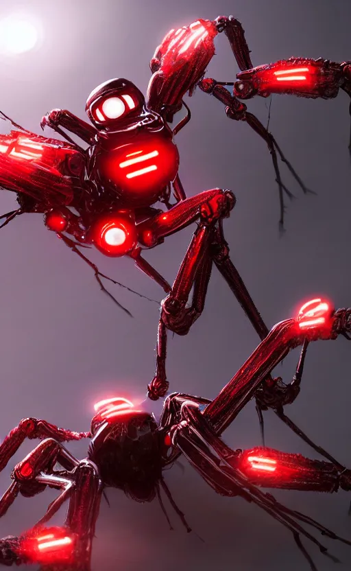 Image similar to a robot humanoid spider with 4 arms with claws, glowing red eyes, in a black carbon and red fiber armor, smiling creepily, dynamic lighting, photorealistic fantasy concept art, trending on art station, stunning visuals, creative, cinematic, ultra detailed