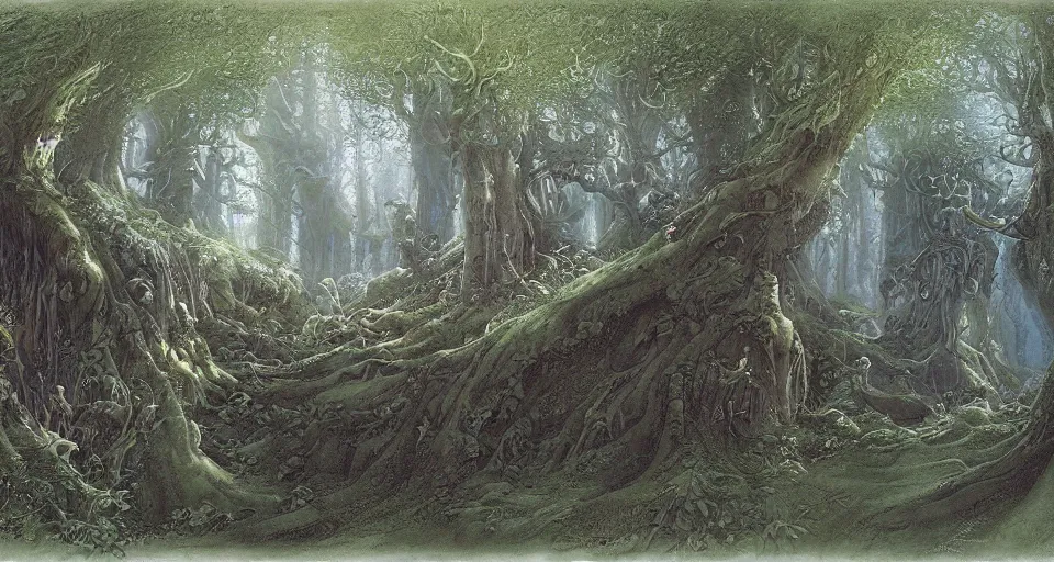 Image similar to Enchanted and magic forest, by john howe