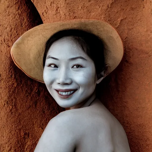 Image similar to vintage portrait of a stunningly beautiful asian tribal female smiling, depth of field, zeiss lens, detailed, symmetrical, centered, fashion photoshoot, by edward s curtis, Annie Leibovitz and Steve McCurry, David Lazar, Jimmy Nelsson, Breathtaking, 8k resolution, extremely detailed, beautiful, establishing shot, artistic, hyperrealistic, beautiful face, octane render