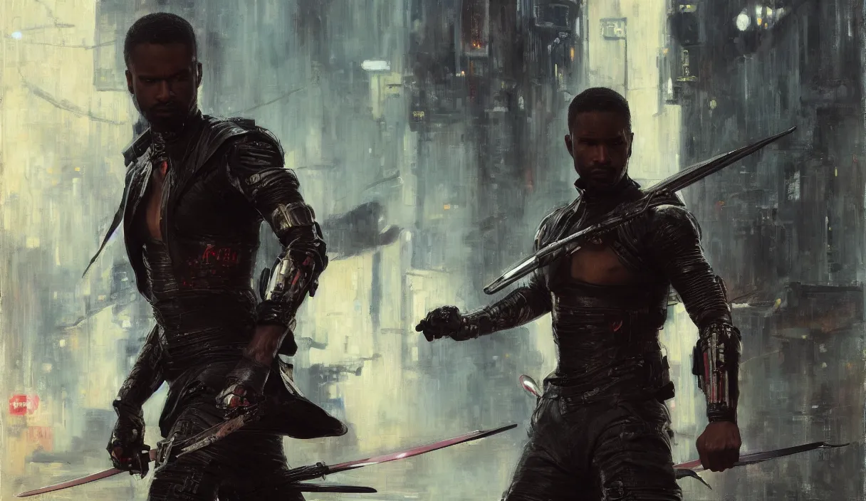 Image similar to futuristic black samurai in fighting pose (blade runner 2049, cyberpunk 2077). Orientalist portrait by john william waterhouse and James Gurney and Theodore Ralli and Nasreddine Dinet, oil on canvas. Cinematic, hyper realism, realistic proportions, dramatic lighting, high detail 4k