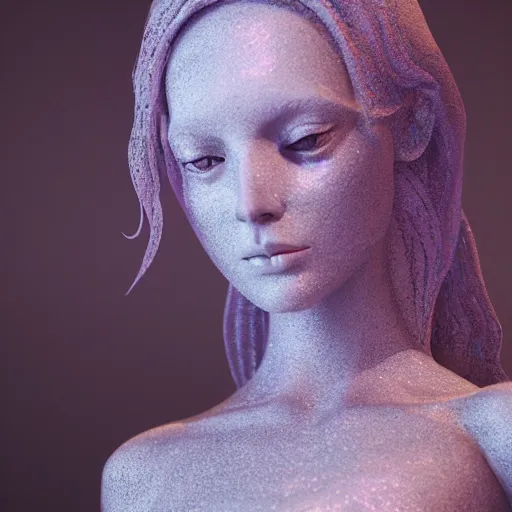 Image similar to abstract female sculpture made of white marble and amethyst crystals quartz, ethereal lights, fine details, artstation. com, film still, cinematic photoshooting, luxury, strong wind, dark mood, sad, cold colors, golden filigree, octane render
