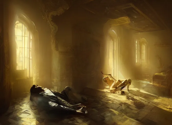 Image similar to the rich golden house and silhouette man lying on the floor alone around volumetric lighting, digital painting, highly detailed, artstation, sharp focus, illustration, concept art, ruan jia, steve mccurry, amazing composition