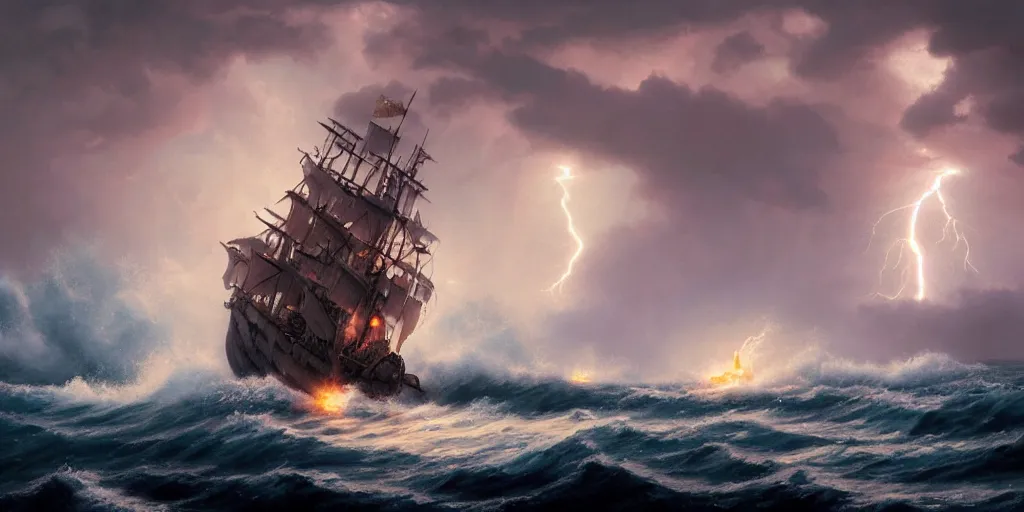 Prompt: Lightning striking a pirate vessel as it sails on wild ocean waters during a thunderstorm, crashing waves, cozy wallpaper, 4k, high details, motion blur, blur, bokeh, trending on Artstation, award-winning, art by Chris Moore, by Greg Rutkowski