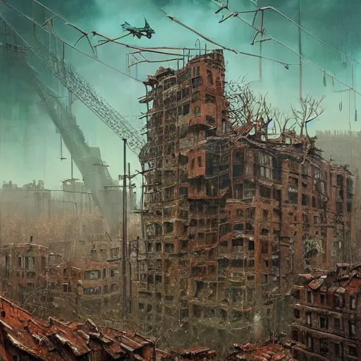 Image similar to Very very very very highly detailed epic photo, post apocalyptic city buildings, by Vladimir Manyukhin, by Simon Stålenhag, by Zdzisław Beksiński, by Guido Borelli, by Nathan Walsh, by Peter Gric, Wild vegetation, mold, deviantart, trending on artstation, Photorealistic, Incredible Depth, vivid colors, polychromatic, glowing neon, HDR Unreal Engine 64 megapixels IMAX Terragen 4.0, 8k resolution concept art filmic complex utopian mysterious moody futuristic