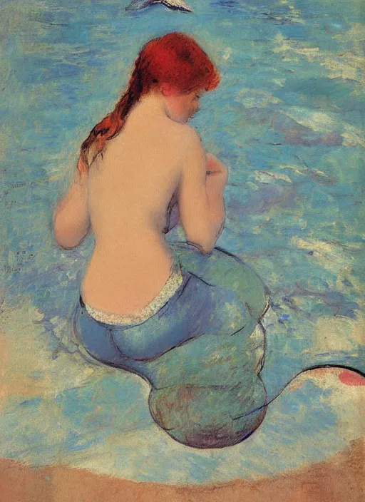 Prompt: vintage beautiful painting of a mermaid looking with the back at the sea sitting on a white pearl in Mary Cassatt style