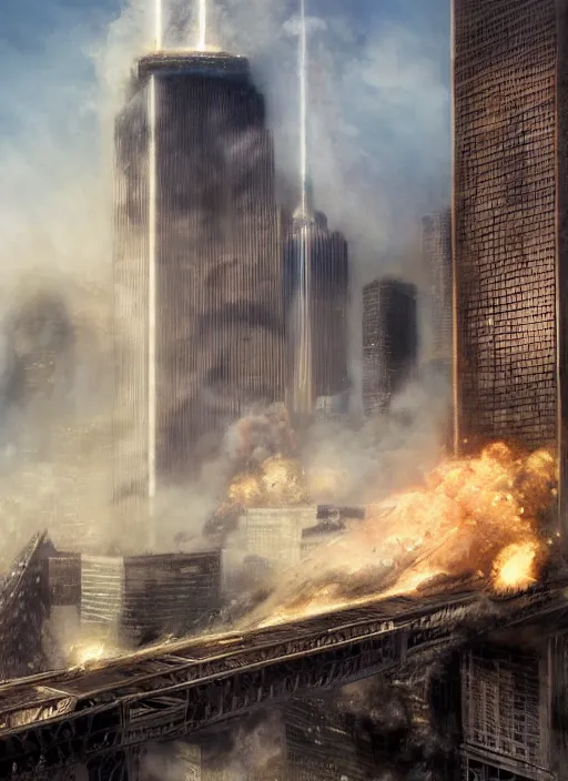 Image similar to hyper realistic 9 / 1 1 terrir attacks, atmospheric beautiful details, strong composition painted by kim jung giu weta studio rutkowski, james gurney and greg rutkowski, and lucasfilm