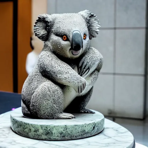 Prompt: A marble statue of a Koala DJ in front of a marble statue of a turntable. The Koala has wearing large marble headphones.