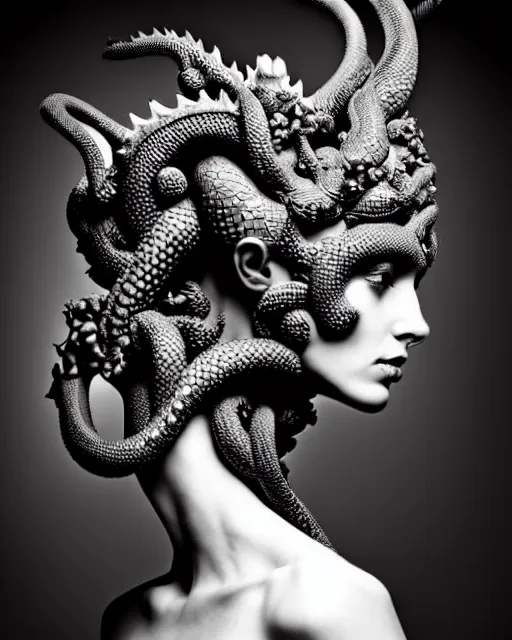 Image similar to dark background, a black and white high quality dreamy photo of a young beautiful female queen-dragon-vegetal-cyborg bust with a very long neck and delicate Mandelbrot fractal face, elegant, highly detailed, flesh highly baroque ornate, hair are curled wired cables, elegant, poetic, soft, dreamy, mysterious, high fashion, rim light, in the style of Ellen von Unwerth, Realistic, Refined, Digital Art, Highly Detailed, Cinematic Lighting, rim light, black and white, photo-realistic, 8K