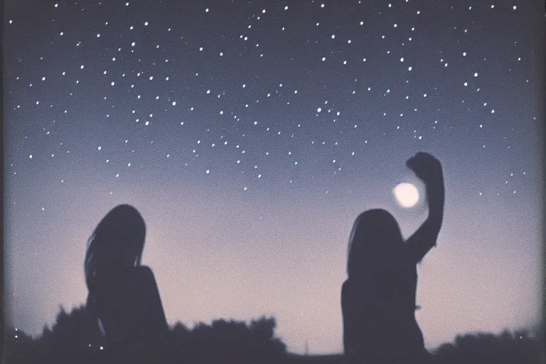 Prompt: blured girl on night vision, focused background night sky with stars, polaroid photo