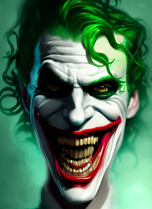 Image similar to portrait of the joker, green hair, intricate, elegant, glowing lights, highly detailed, digital painting, artstation, concept art, sharp focus, illustration, art by wlop, mars ravelo and greg rutkowski