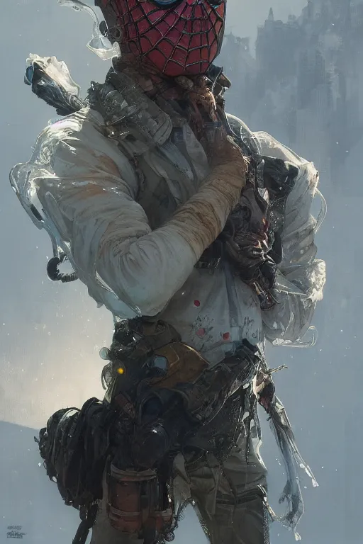 Image similar to A full portrait of a post apocalyptic spiderman ice worker, intricate, elegant, highly detailed, digital painting, artstation, concept art, smooth, sharp focus, illustration, art by Krenz Cushart and Artem Demura and alphonse mucha