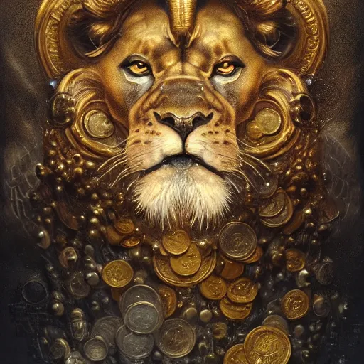 Image similar to a beautiful detailed 3 d matte portrait of a alchemist lion, by ellen jewett, by tomasz alen kopera, by justin gerard, ominous, magical realism, texture, intricate, skull, skeleton, gold coins, money, whirling smoke, alchemist bottles, radiant colors, fantasy, volumetric lighting, high details