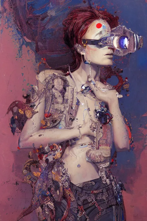 Prompt: an epic non - binary model, subject wearing a belt made out of computer mice, flowing, ornate, beautiful, intricate, muted tonal colors, with few ultramarine highlights, by jeremy mann and ilya kuvshinov, jamie hewlett, 8 0 mm lens, trending on artstation, oil on canvas