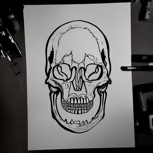 Image similar to dinosaur whole head skeleton outline, black ink on white paper