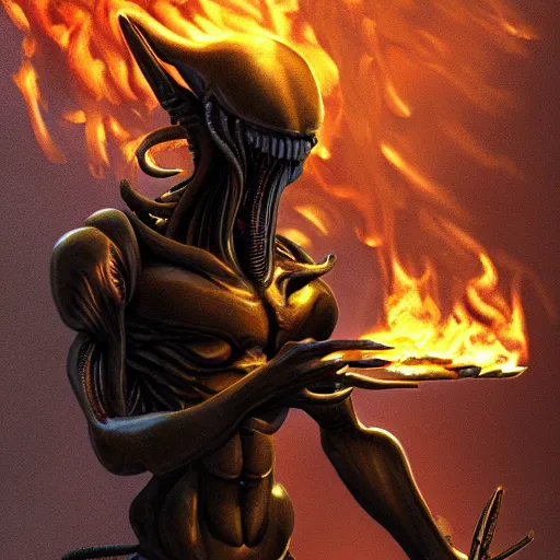 Prompt: Xenomorph holding a fire sword, 8K, realistic digital art