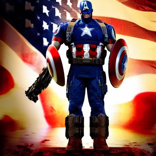 Image similar to Portrait! of President Donald Trump as ((captain america)) in Gears of War, patriotic, splash art, movie still, cinematic lighting, dramatic, octane render, long lens, shallow depth of field, bokeh, anamorphic lens flare, 8k, hyper detailed, 35mm film grain