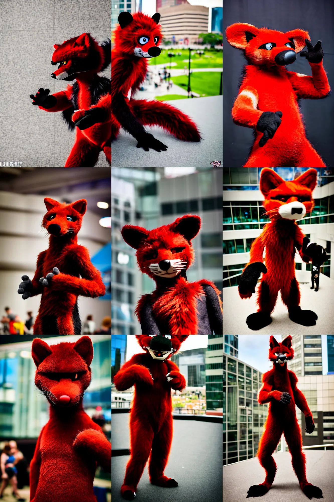 Image similar to photo of a fursuiter posing | | fullbody photoshoot photo portrait of a cute roguish male red - black furred weasel furry fursuiter ( tail attached ), key visual, taken at anthrocon ( furry convention )