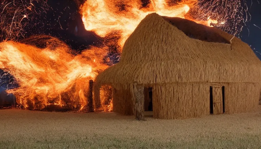 Image similar to a Barndominiums house made of straw with a meteorite falling from the sky, fire in the background 4k photography award winning,