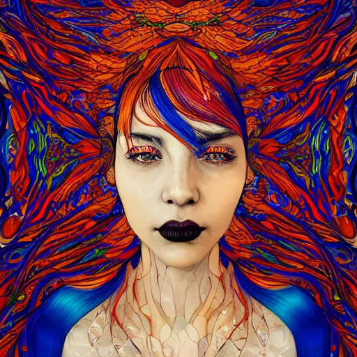 Image similar to the portrait of a beautiful young woman partially made up of peppers of all colors, an ultrafine detailed illustration by james jean, intricate linework, bright colors, final fantasy, behance contest winner, vanitas, angular, altermodern, unreal engine 5 highly rendered, global illumination, radiant light, detailed and intricate environment