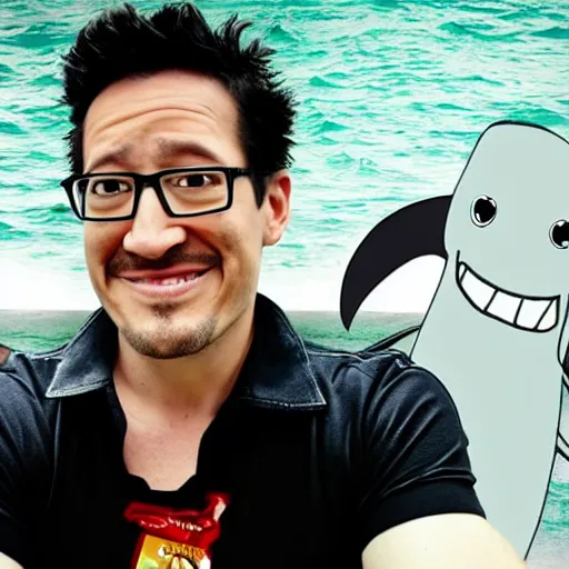 Image similar to markiplier with shark fins