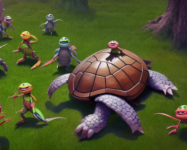 Prompt: battle turtles, isometric 3 d, ultra hd, character design by mark ryden and pixar and hayao miyazaki, unreal 5, daz, hyperrealistic, octane render, cosplay, rpg portrait, dynamic lighting, intricate detail, summer vibrancy, cinematic