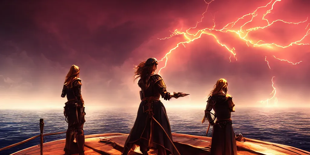 Prompt: epic medieval woman ship pilot standing at the bow of a ship at sea from behind, dramatic dark glowing golden neon sunset with thick wall of lightning storm clouds and violent seas, long hair with shaved side part, dynamic lighting, hyperrealistic, hd 4 k, artstation