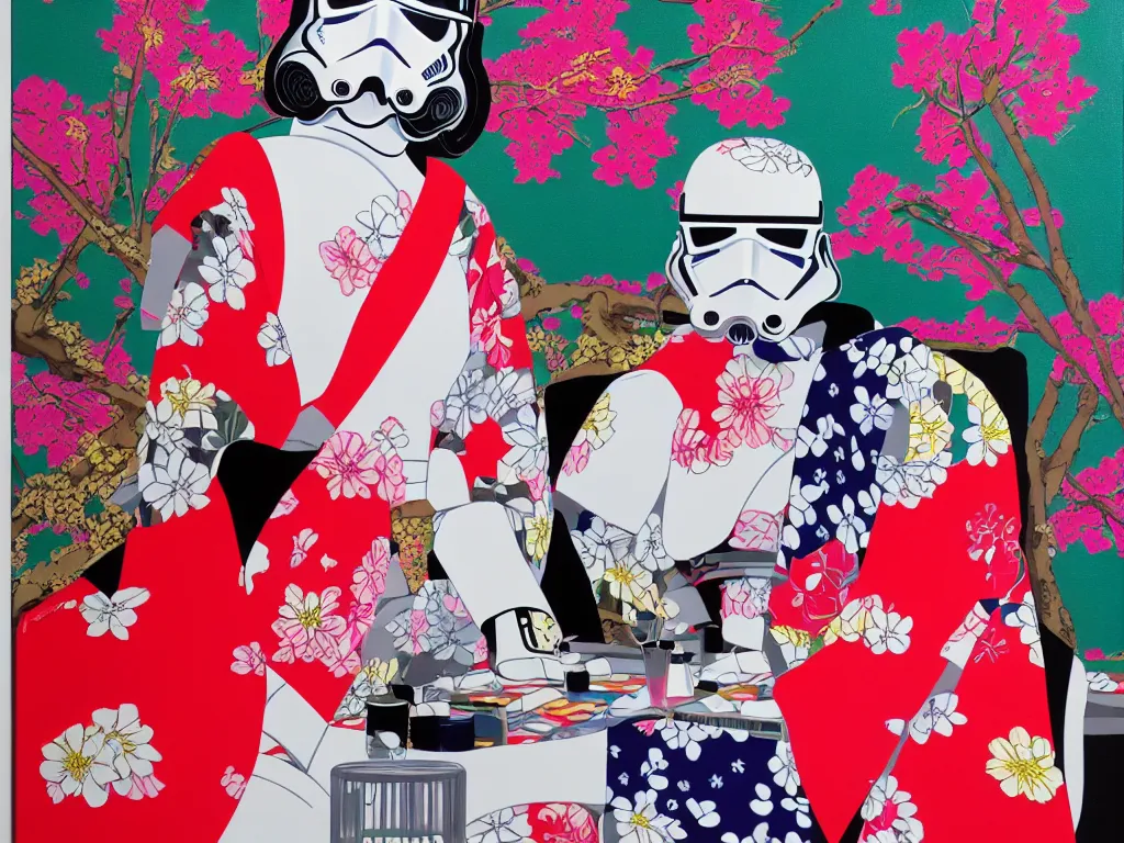Prompt: hyperrealism composition of the detailed single woman in a japanese kimono sitting at an extremely detailed poker table with stormtrooper, fireworks and sakura tree on the background, pop - art style, jacky tsai style, andy warhol style, acrylic on canvas