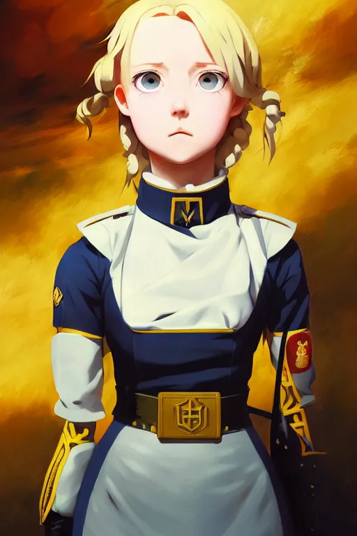 Image similar to baroque oil painting of key visual concept art, portrait of stern anime girl blonde hair blue eyes wearing military nazi ss uniform, brutalist, dark fantasy, rule of thirds golden ratio, fake detail, trending pixiv fanbox, acrylic palette knife, style of makoto shinkai studio ghibli genshin impact jamie wyeth james gilleard greg rutkowski