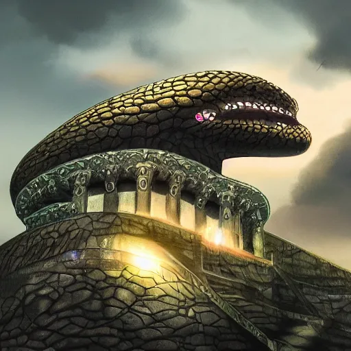 Prompt: medusa with glowing eyes in front of a beautiful sky castle, ray tracing, amazing detail, fantasy, digital drawing