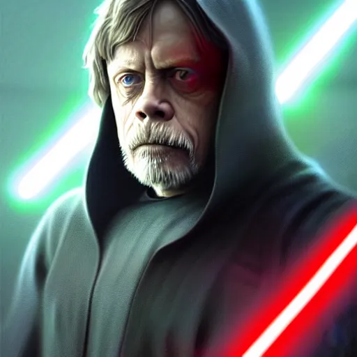 Image similar to Mark Hamill as Sith Lord with red light saber and in power armor, western, D&D, fantasy, intricate, elegant, highly detailed, digital painting, artstation, concept art, matte, sharp focus, illustration, art by Artgerm and Greg Rutkowski and Alphonse Mucha