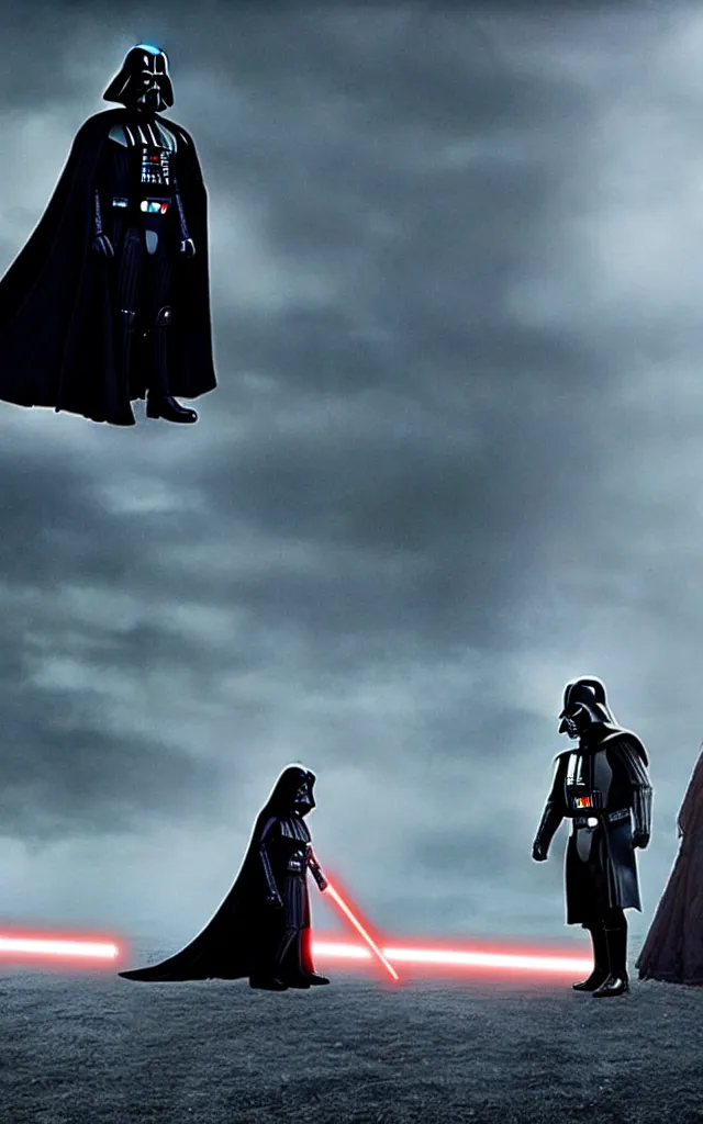 Image similar to darth vader and kristen stewart staying together in front of, on the background star destroyer landed on the wood ground in the twilight saga movie, shot from the twillight movie