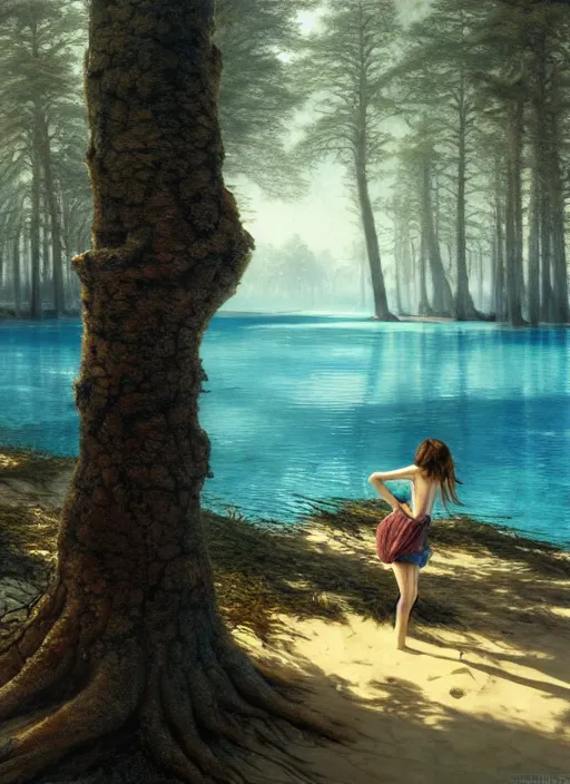 Prompt: on the sandy beach of a blue lake in a pine forest, hyperrealism, no blur, 4 k resolution, ultra detailed, style of tyler edlin, tom bagshaw, arthur rackham, ivan shishkin