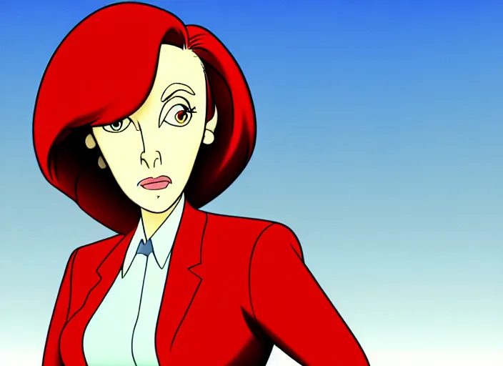 Image similar to a shaded animation cel of dana scully, sharp detail, thin linework, realistic anatomy, in the style of western cartoons, by don bluth, filmation, toei animation, studio trigger, studio ghibli, 5 k, artstation trending