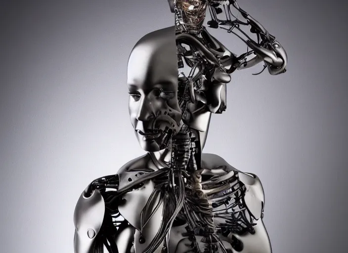 Image similar to a sculpture of full body anatomical cyborg, detailed face, studio lighting