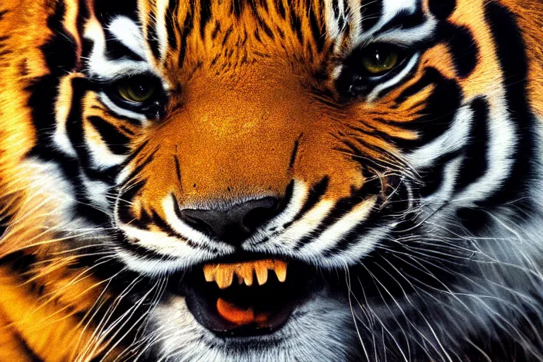 Prompt: An extremely bright studio photograph of a snarling tiger in the style of Salvador Dali, establishing shot, high-quality, professional, dramatic lighting, extremely high detail, trending on artstation