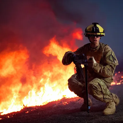 Image similar to a soldier with a glowing orange visor, a half-turn looks into the camera, bodies of the dead are scattered around, an fire in the background, 4k, details, dramatic pose