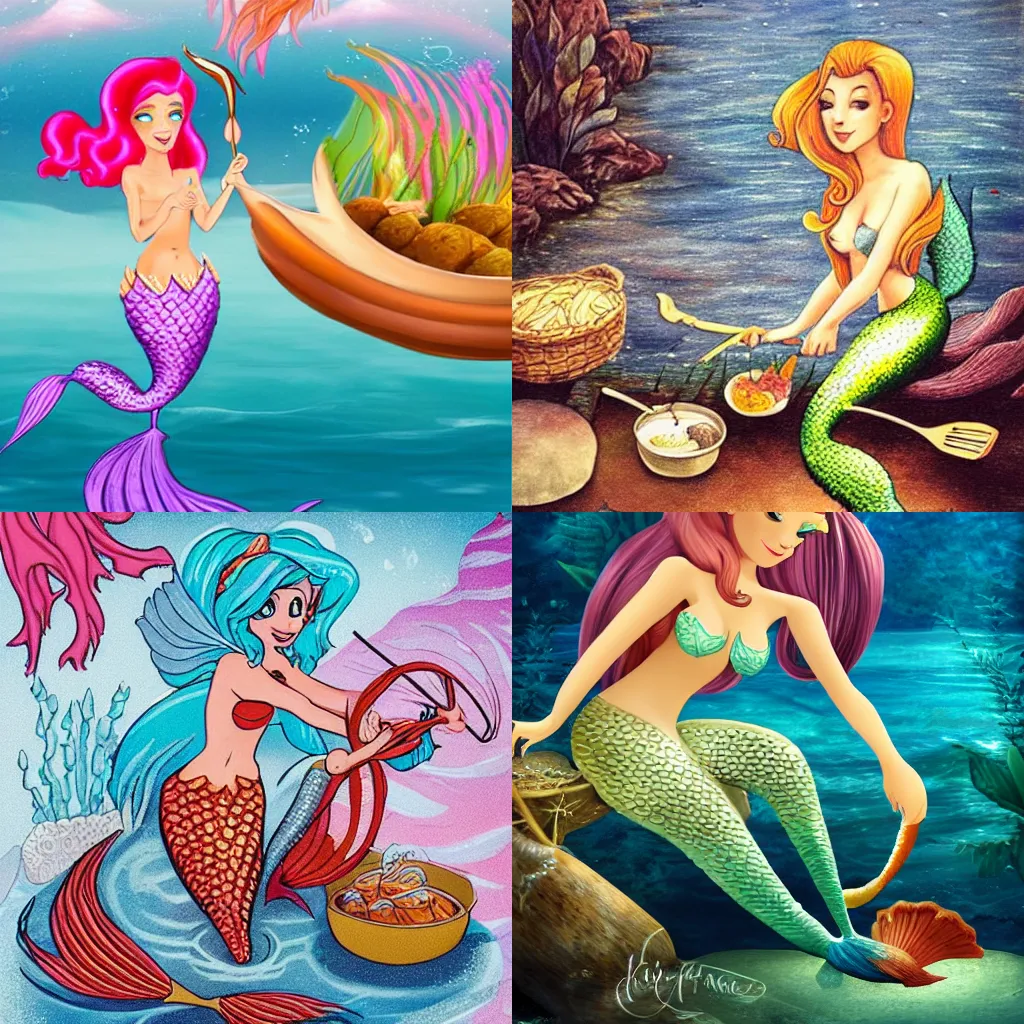 Prompt: A beautyful mermaid cooking her own tail.
