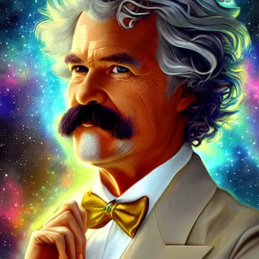 Image similar to mark twain stands at the edge of the universe, artgerm