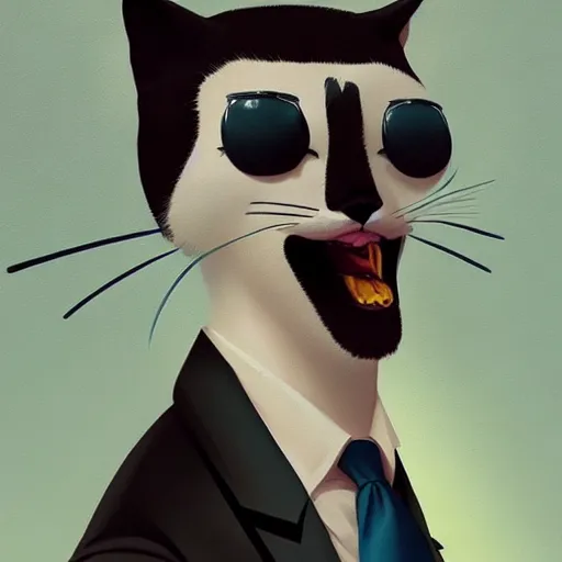 Image similar to cute fashion vogue kittycat man man wearing a cat costume wearing a tuxedo ripped physique gerald brom bastien grivet greg rutkowski portrait